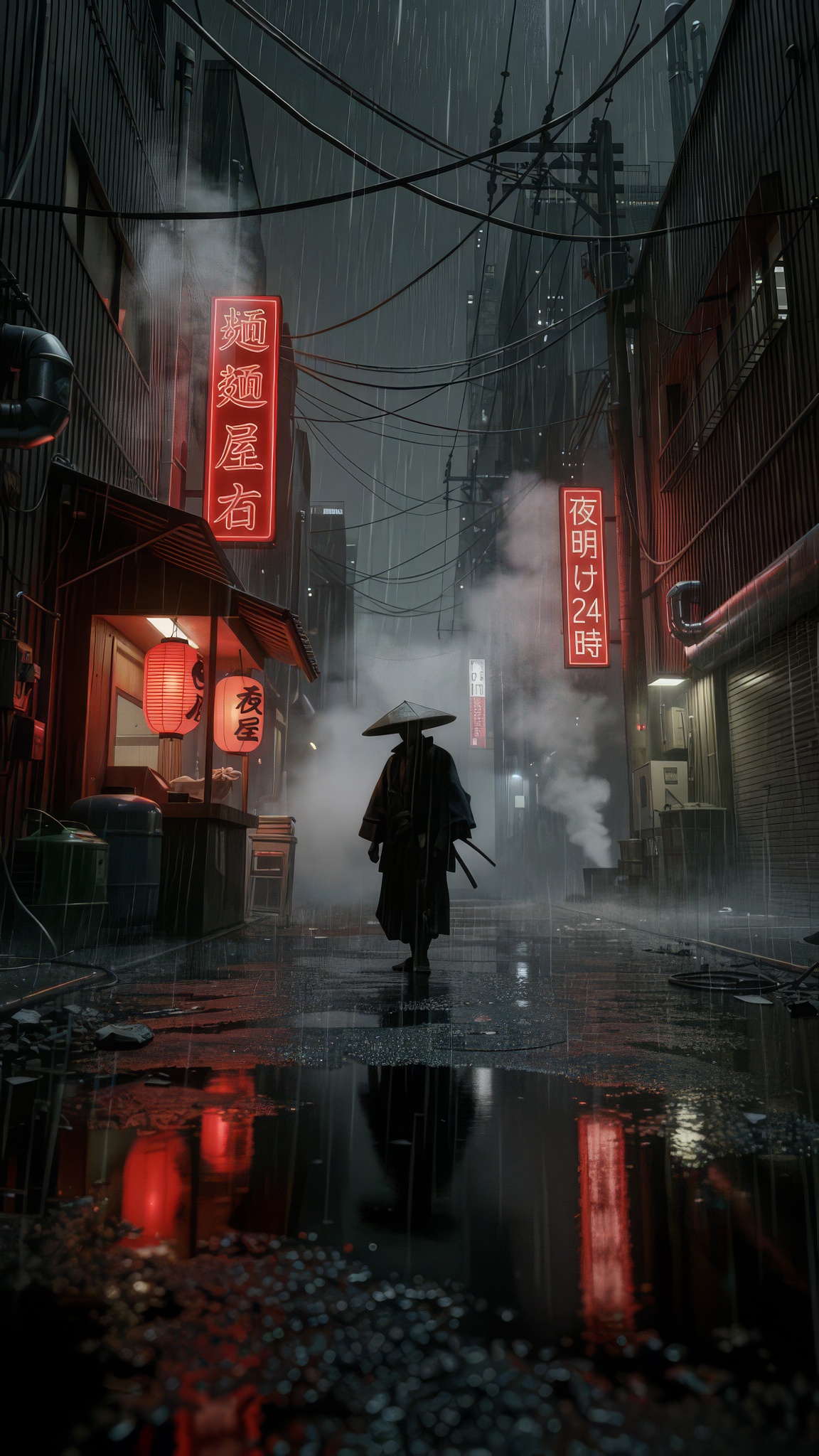 Neo-Tōkyō-3 back alley at night, rain falling, neon kanji signs glowing red — REN walking forward through steam past a ramen lantern