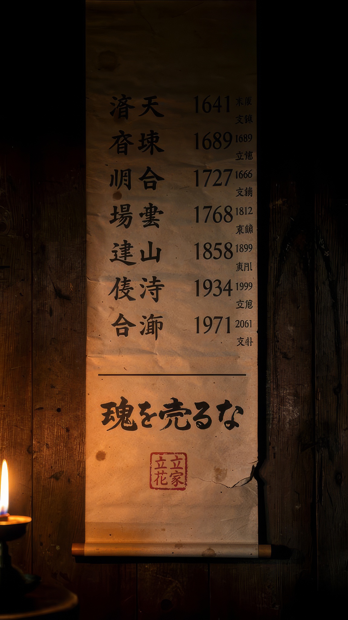 A weathered hanging rice-paper scroll with eleven names brushed in sumi ink, dates beside each, the vow 魂を売るな in larger calligraphy below, the red 立花家 lineage seal at the foot — lit warmly by a single oil lamp