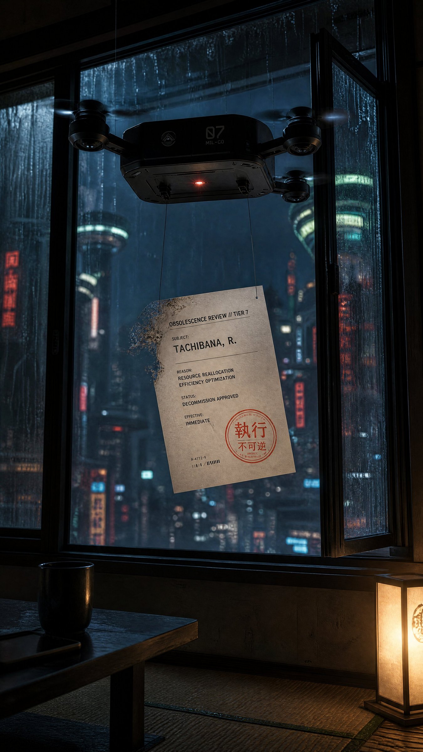 A small black corporate delivery drone hovers inside a window, dropping a self-destructing polymer notice stamped with the red 執行 / 不可逆 corporate seal — rainy cyberpunk Tokyo skyline visible through the glass