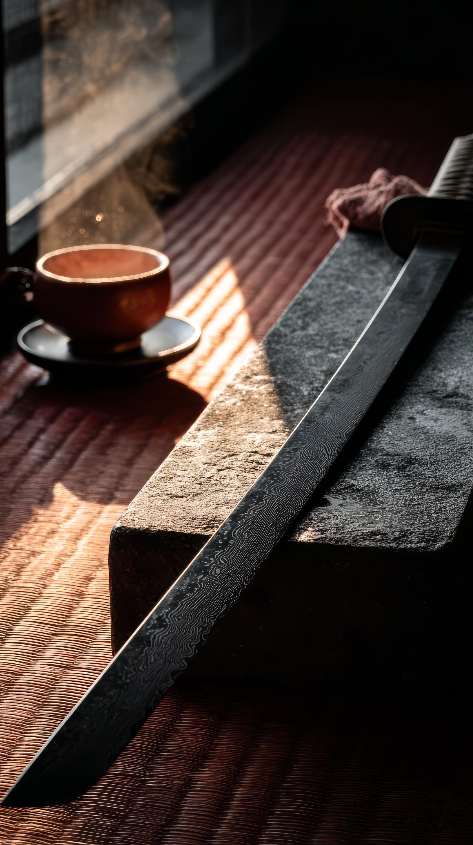 A katana blade with a visible damascus hamon laid diagonally across a long stone whetstone, warm window light, a small clay tea cup nearby on a tatami floor