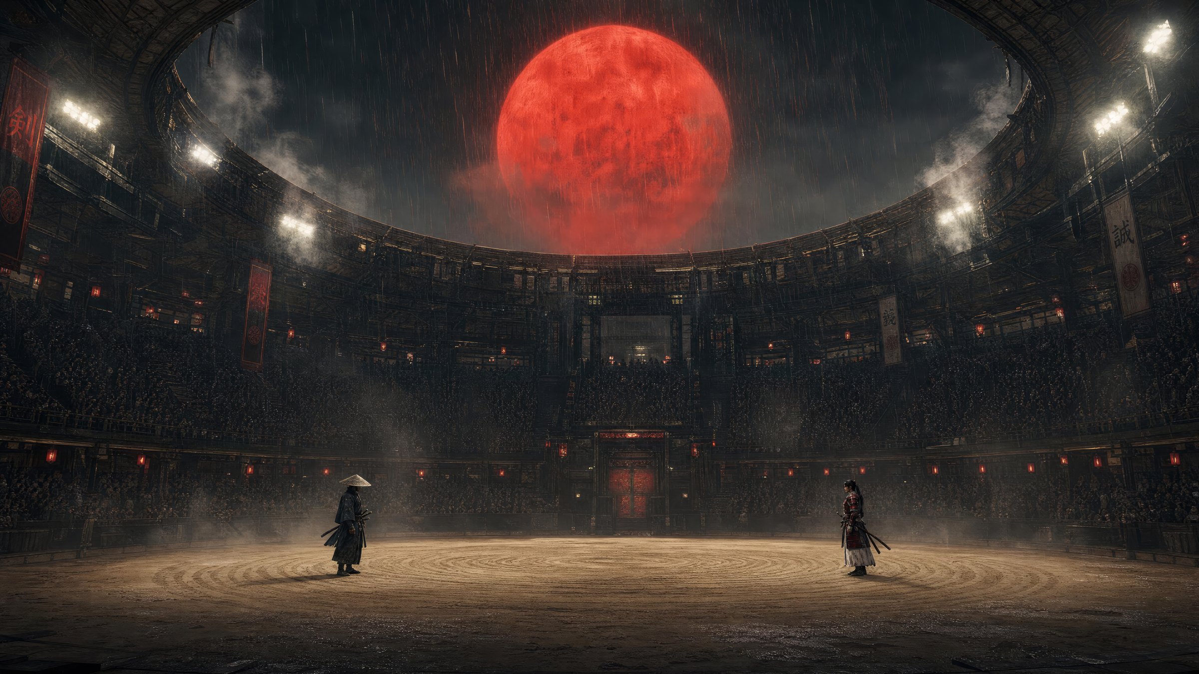 Wide cinematic shot of Kōrakuen Block 12 — a domed combat arena, two figures (REN left, KIYOMI right) facing each other across a sand pit ringed by twenty thousand silent spectators, a massive blood-red moon hanging through the dome opening, rain falling, floodlights, vertical kanji banners