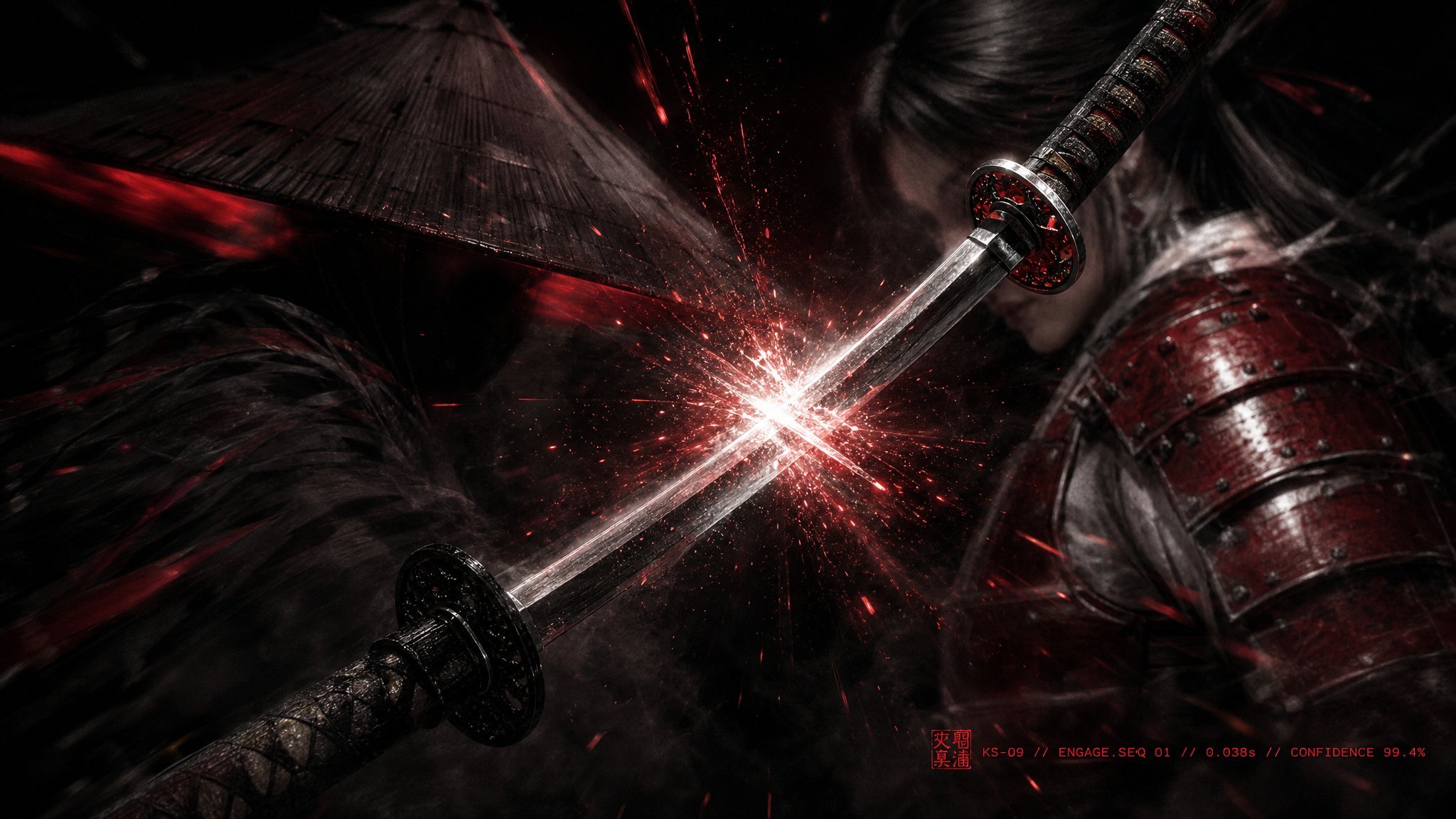 Two katana blades cross at throat-level, captured in the instant of impact — bright white-hot sparks at the contact point, REN's kasa silhouette ghosted left, KIYOMI's red lacquered armor right, telemetry burned into the lower-right reading KS-09 // ENGAGE.SEQ 01 // 0.038s // CONFIDENCE 99.4%
