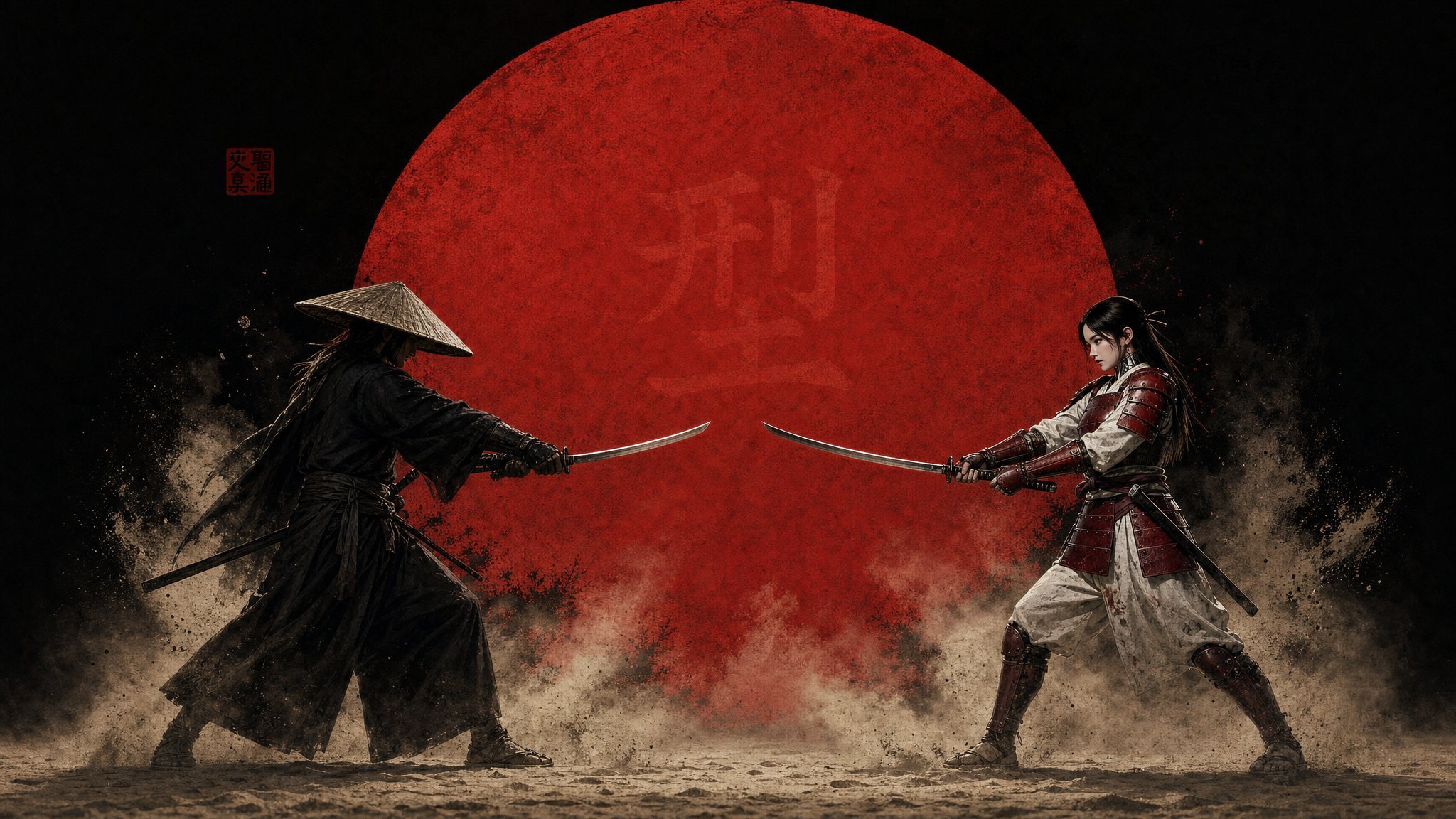 REN and KIYOMI in opposing chudan stances, mid-circling, the kanji 型 ghosted faintly within an enormous flat blood-red sun disc that dominates the composition, sand dust kicked up between them, iconic samurai poster framing