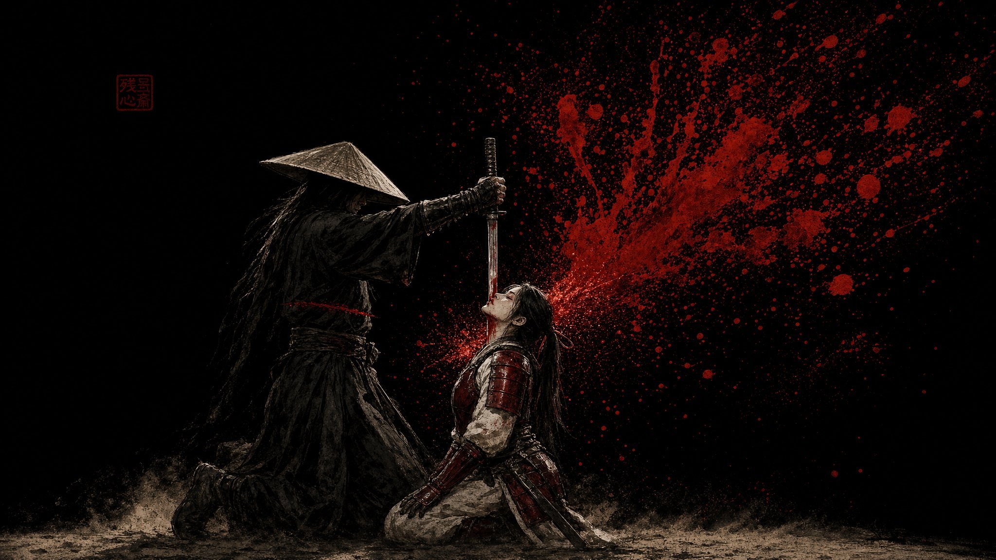 REN kneeling foreground in form, his katana driven vertically through KIYOMI skull from below — entry under chin, exit through the crown — KIYOMI slumped backward, a massive arc of blood-red ink-spatter radiating against the void-black background, the red lineage square seal stamped upper-left