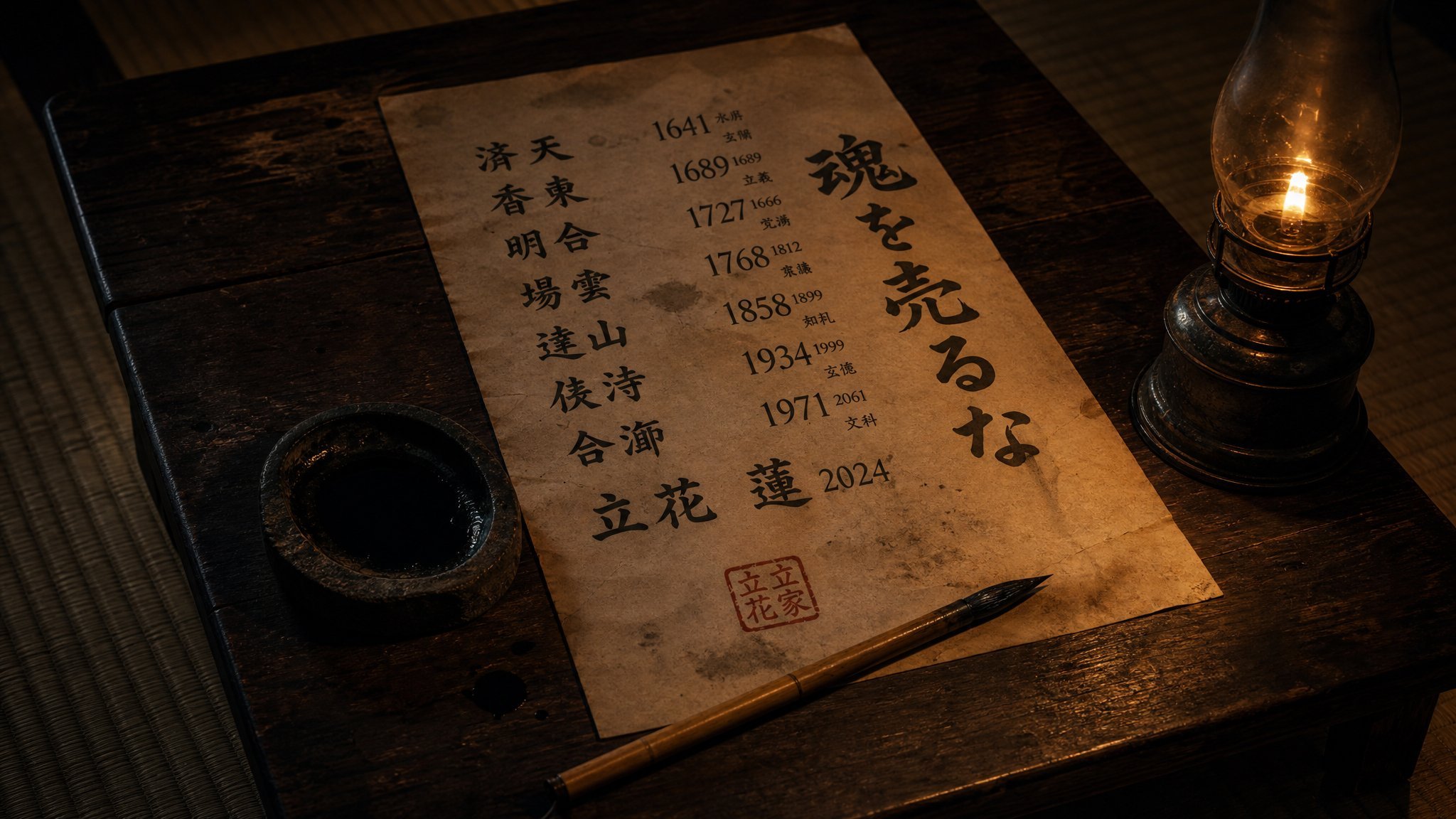 The lineage scroll laid flat on a low dark-wood table, twelve names brushed in sumi ink, the vow 魂を売るな on the right side, the red 立花家 lineage seal stamped at the foot — a bamboo brush rests beside an ink-grinding stone, warm light from an oil lamp at the right edge