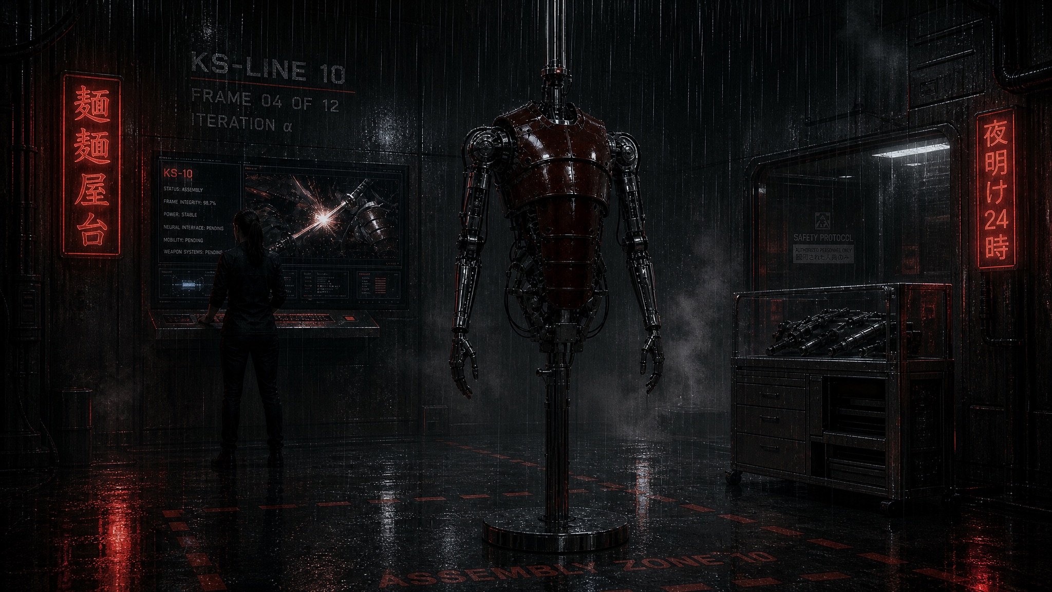 A dark rain-soaked KS-10 assembly bay with red neon kanji signs, the partially assembled torso suspended on a chrome stand, an engineer silhouette at a wall monitor showing combat footage, KS-LINE 10 / FRAME 04 OF 12 / ITERATION α text, and red ASSEMBLY ZONE 10 floor markings