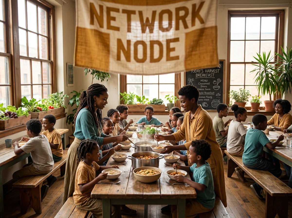 A breakfast service in a 2069 community center. Two women serve hot meals to children at a long communal table. A woven fabric banner reading NETWORK NODE hangs above. Morning light pours through tall windows.