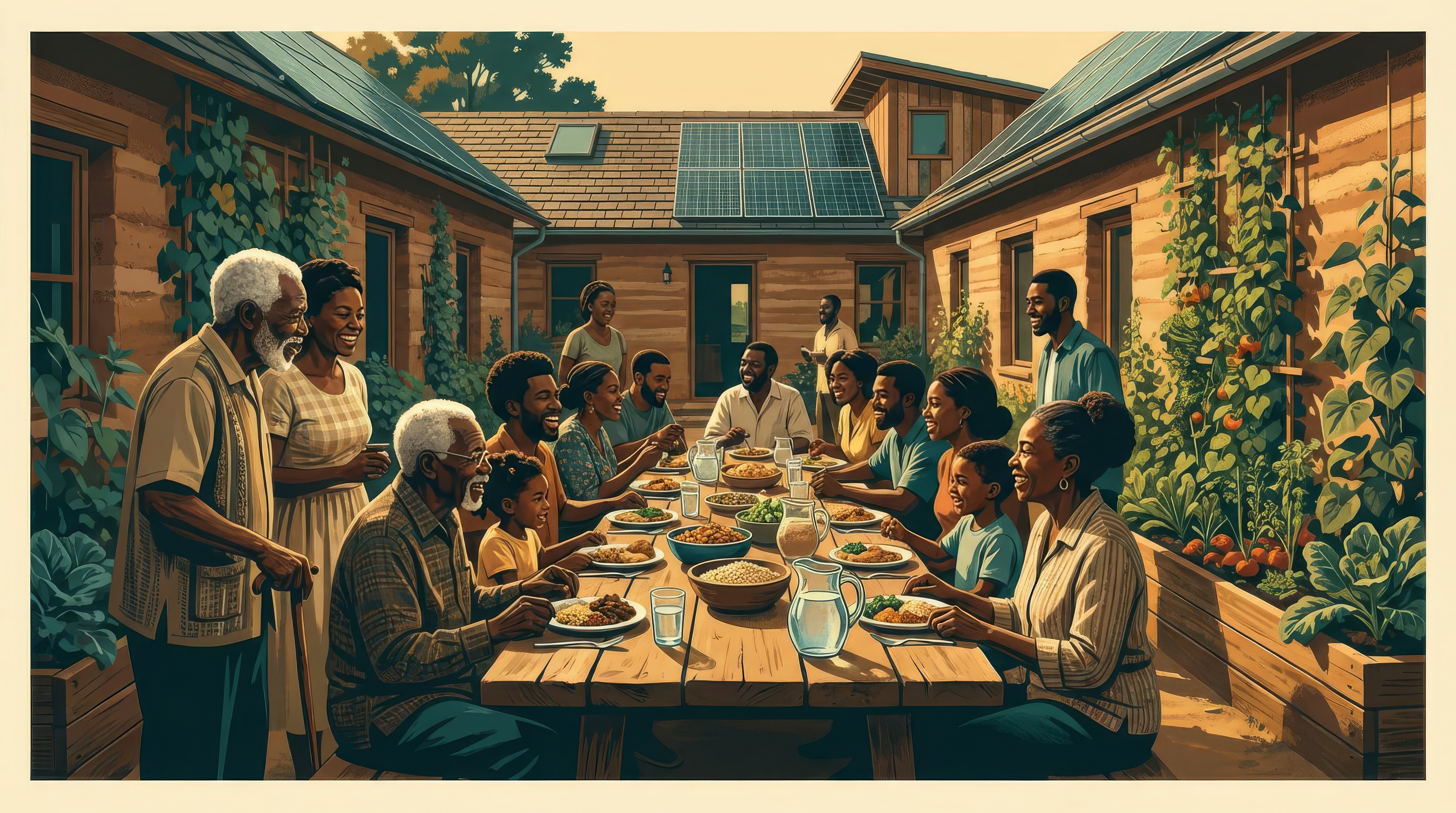 A multigenerational community gathering in 2069 — families sharing a meal at a long communal table in a neighborhood courtyard surrounded by solar-shingled homes, vertical gardens, and warm evening light.