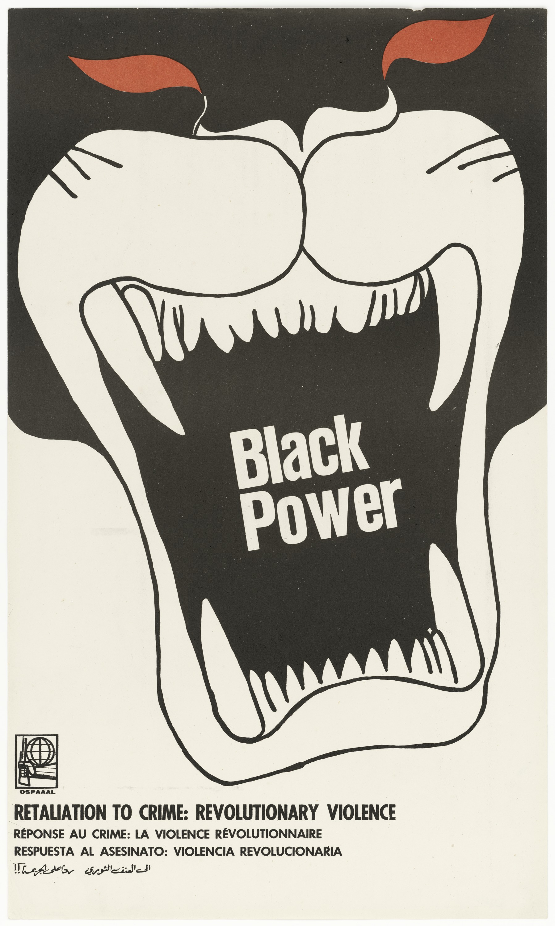 OSPAAAL poster reading 'Black Power' inside the open jaws of a panther, with subtitle 'Retaliation to Crime: Revolutionary Violence' in four languages including Arabic. Printed in Havana.